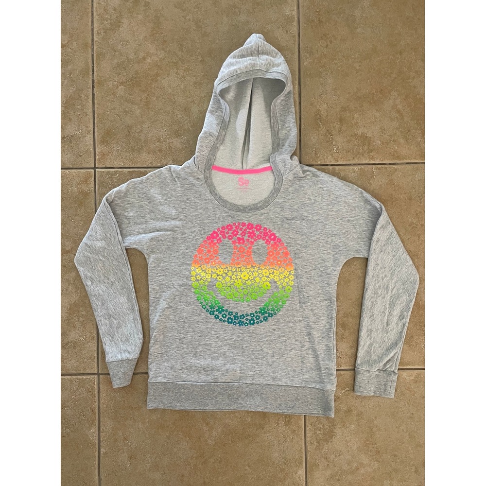 SO Girls Heather Gray Neon Rainbow Floral Smiley Face Pullover Hoodie Size L 14